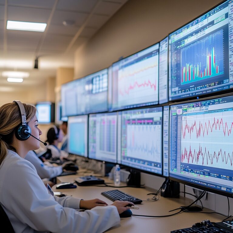 A healthcare professional wearing a headset monitors sentiment analysis data on multiple screens, showcasing the integration of Natural Language Understanding (NLU) technology in hospitals to interpret patient feedback and improve care