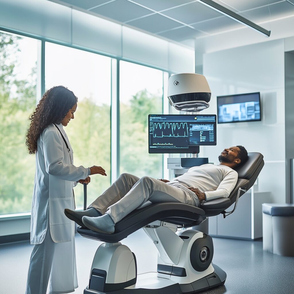 A physical therapist uses AI technology to monitor a patient’s vitals on a high-tech chair in a modern therapy room, demonstrating AI’s role in enhancing physical therapy treatments