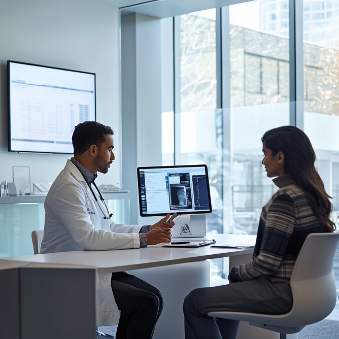 A doctor using Ambient Listening Technology to enhance doctor-patient interactions 