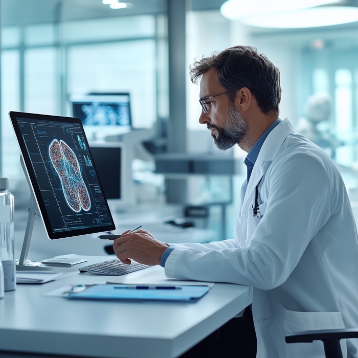 A doctor using Large Language Models for analyzing a digital brain scan displayed on a high-resolution computer monitor