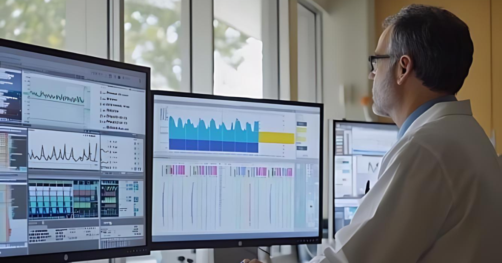 hospital room with three screens displaying basic patient data and charts.A doctor is using AI driven data analytics to review the information, calm and organized environment