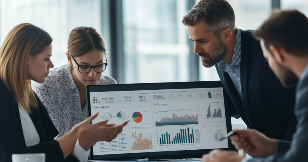 Healthcare professionals collaborating over a detailed financial dashboard, analyzing revenue cycle metrics and data trends, emphasizing the importance of technology in streamlining operations and managing healthcare finances effectively