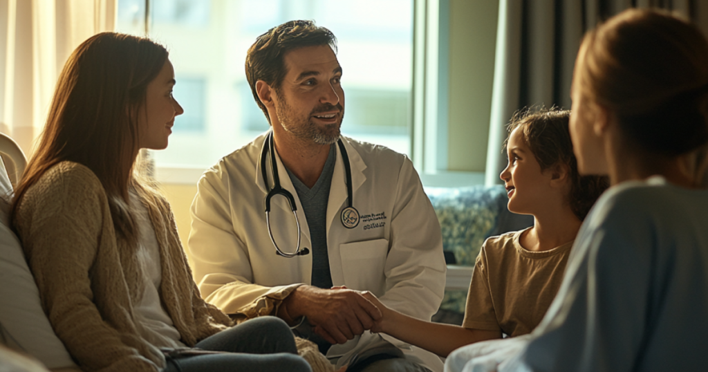 A caring doctor attentively explaining a treatment plan to a concerned family of three in a calm hospital room. The doctor holds the patient's hand, creating a warm, supportive atmosphere. The family expresses a blend of hope and concern as afternoon sunlight gently filters through the window. Captured with natural, soft tones and a personal, compassionate touch, emphasizing empathy in healthcare